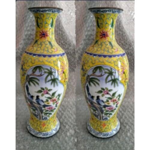Ancient Chinese colored enamel (copper), a pair of birds and flowers vase