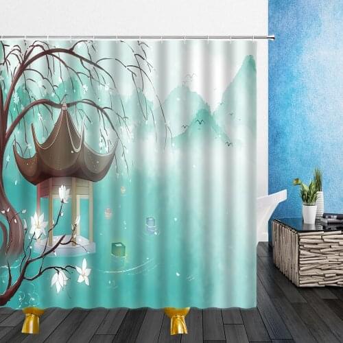 Chinese Style Flowers Bird Scenery Waterproof Shower Curtain Bath Curtains 3d Printing Bathroom With Hooks Washable Cloth Screen