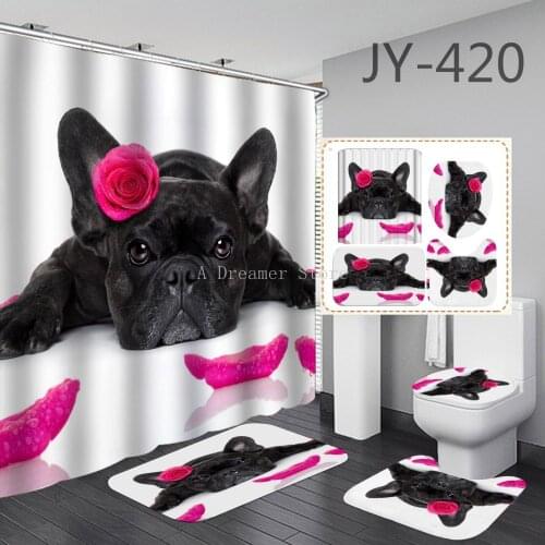 3D Cute Dog Shower Curtain Fabric Waterproof Bathroom Curtains Set Non-Slip Rug Toilet Lid Cover And Bath Mat Animal Wolf Cat