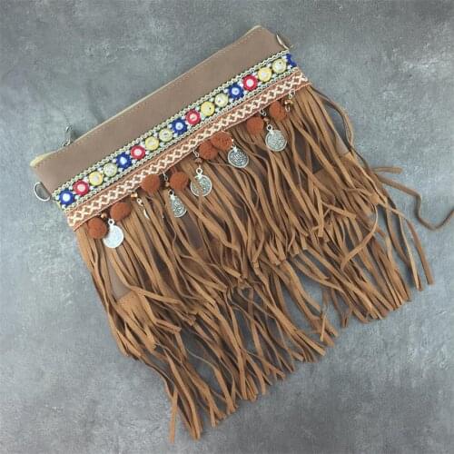 Fashion Women Faux Suede Fringe Drawstring Boho HandBag Coffee Color Vintage Tassel Crossbody Shoulder Bags