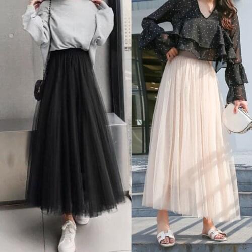 Korean 2021 Spring Vintage Tulle Skirt Women Elastic High Waist Mesh Skirts Long Pleated Tutu Skirt Female Jupe Longue Pink