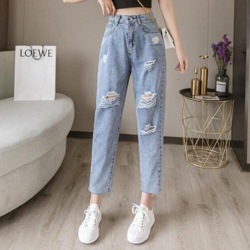 2021 NEw Embroidered daisy ripped jeans women loose cropped trousers summer thin high waist straight leg pants BF tide