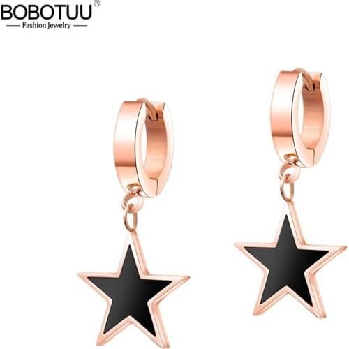 BOBOTUU Fashion Black Pentagram Earrings For Women Titanium Steel Rose Gold Color Female Hoop Earrings Pendientes BE17080