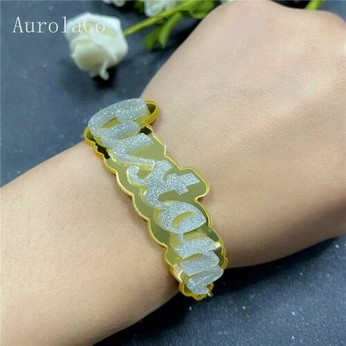 AurolaCo Personalized Customized Name Bracelets for Women Customize Acrylic Name Bracelet bangle Jewelry Gifts