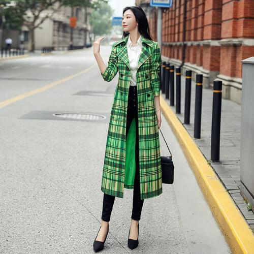 2021 Autumn Women Long Trench Coat Office Lady Simple Classic Green Plaid Coat With Belt Chic Female Windbreaker Womens Coat