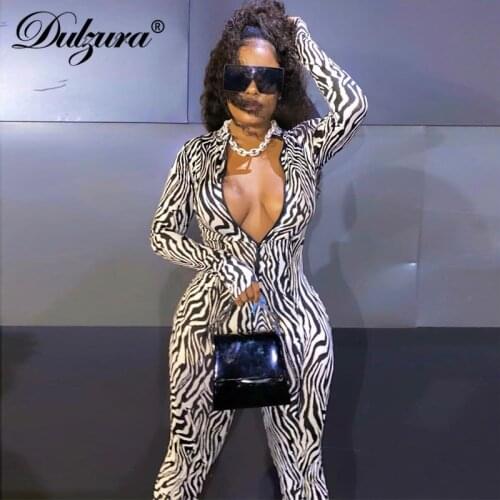 Dulzura Zebra Print Women Zipper Jumpsuit Long Sleeve Gloves Fishnet Bodycon Sexy Streetwear 2020 Autumn Winter Clothes Sporty