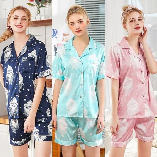 Printing 2019 Summer Short Sleeve Silk Pajamas Set Two Pieces Set Women Sleepwear Sexy Nightwear for Women Sleeping set