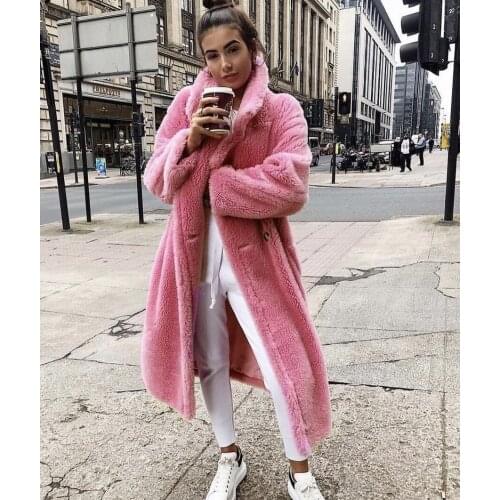 Pink Long Teddy Bear Jacket Coat Women Winter 2020 Thick Warm Oversized Chunky Outerwear Overcoat Women Faux Lambswool Fur Coats