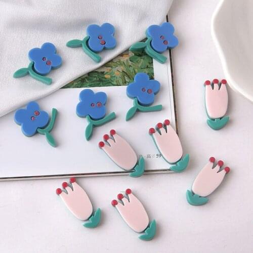 6pcs Korean Style Illustration Childlike Cute Small Flower Patch Tulip Handmade Earrings For Women Girls Diy Jewelry Accessories