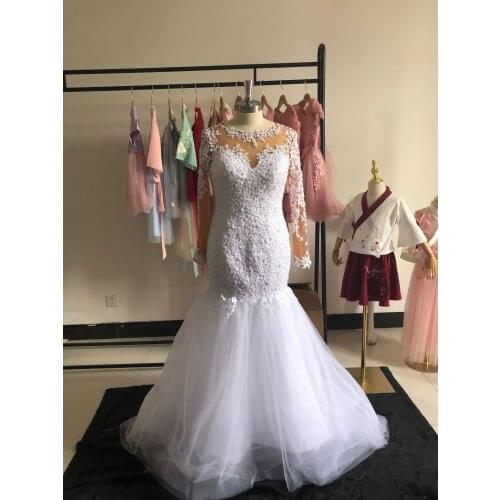 Real Pictures White Mermaid Wedding Dress Pearls Beads Lace Appliques Nude Full Sleeve African Black Girls Bridal Gowns Trains
