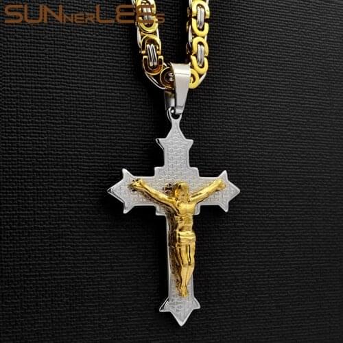 SUNNERLEES 316L Stainless Steel Jesus Christ Cross Pendant Necklace Byzantine Link Chain Men Boys Gift SP212