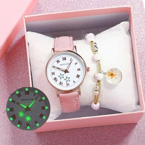 Fashion Luminous Dial Watch Girls Quartz Watches Women Casual Leather Wristwatch Clock Student Bracelet Set Relogio Feminino