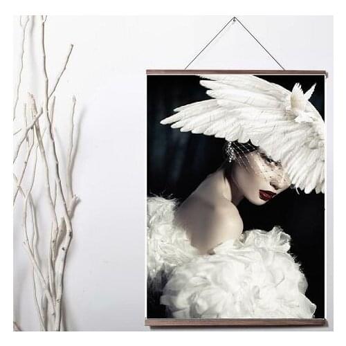 Black White Fashion Woman Pigeon Wings Hat Abstract Art Canvas print poster decoration painting solid wood hanging scroll