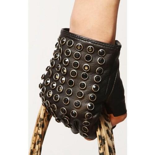 Spring Autumn Real Leather Half Finger Gloves Female Sheepskin Rhinestones Performance Punk Driving Semi-Finger Gloves L116NN-1