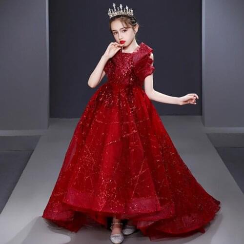 High-End Sequines Children Trailing Evening Gown Wedding Birthday Party Princess Kids Piano Host Dress For Girls L736