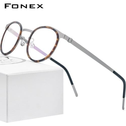 FONEX Acetate Alloy Glasses Frame Men Women Vintage Round Myopia Optical Frames Prescription Eyeglasses Screwless Eyewear 98625