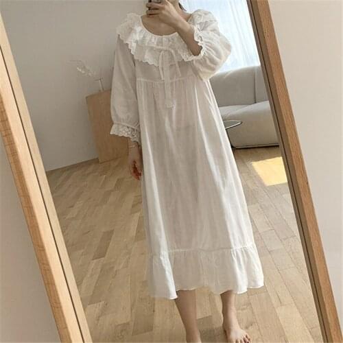 Cotton Nightgowns Loose Kawaii Soft Sleepwear Nightdress Lace Homewear Korean White Oversized O-Neck Bow A-Line Thin 2021 A058