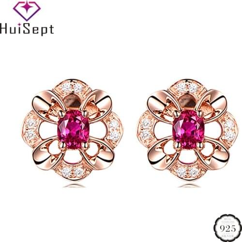 HuiSept 925 Silver Earrings Jewellery Flower Shaped Inlaid Ruby Zircon Gemstones Stud Earrings for Women Wedding Party Wholesale