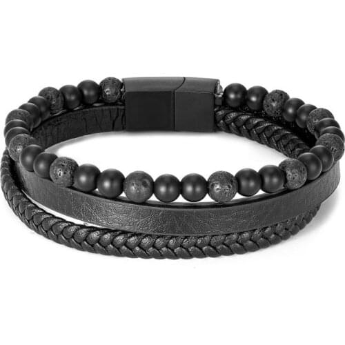 Classic Charm Multilayer Leather Braided Men Bracelet Natural Stone Beaded Stainless Steel Magnetic Buckle Bracelet