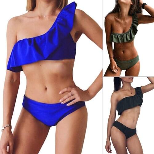 2Pcs Sexy Swimsuit Women Solid Color Ruffled One Shoulder Bra Briefs Bikini Set Women Swimwear Women Bikinis biquinis feminino