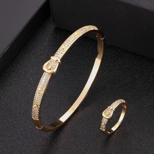 Zlxgirl women size belt shape wedding bangle and ring 2pcs jewelry set Nice women couple bracelet ring aneis bijoux set free bag