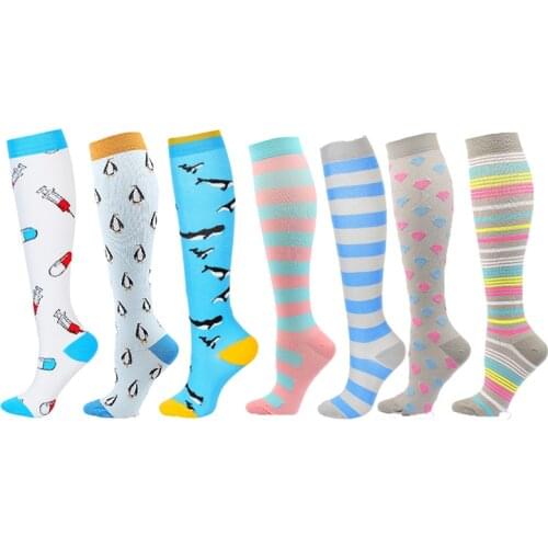 Compression Stockings Women men Pressure Socks Compress Sports Light Grey Dark Grey Love Stripes Penguin Pattern Nylon Fun S/M