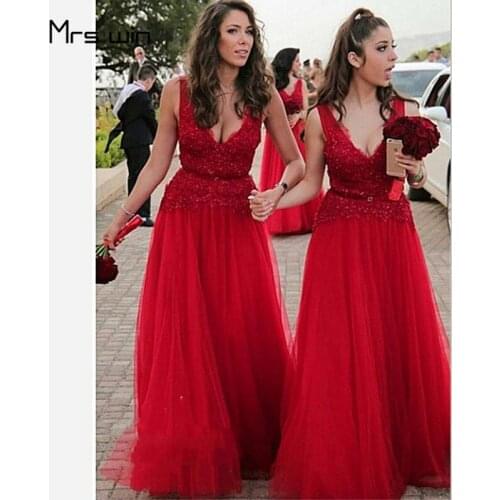 Mrs win Bridesmaid Dresses V-neck Appliques Lace Vestido Madrinha A-line Sleeveless Plus Size Long Wedding Guest Dress HR311