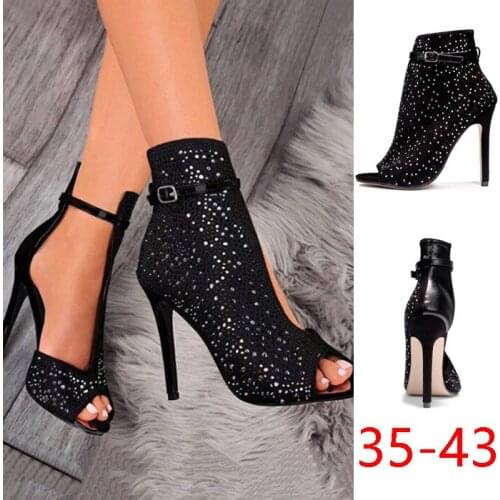 New Women Crystal Sandals Ankle Straps Buckle Transparent Cover Heel Pumps Ladies Sandals Party Shoes size 35-43