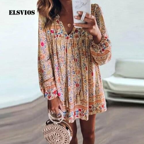 New Spring Flowers Floral Printed Dress Casual V Neck Long Sleeves Loose A-Line Dress 2021 Summer Elegant Vacation Party Dresses