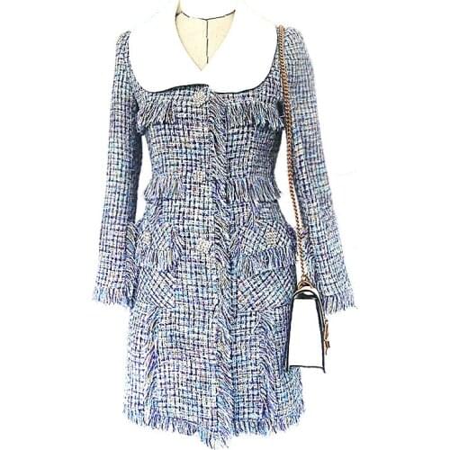 2020 autumn women elegant tweed long coats celebrity diamonds buttons tassel plaid sweet peter pan collar dress outerwear y751