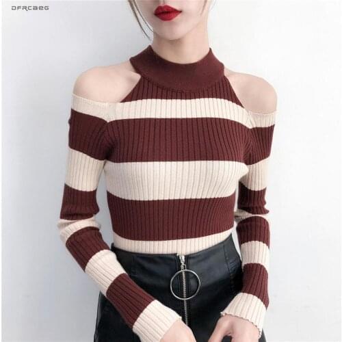 Sexy Off Shoulder Pullovers Knitted Sweater Women 2019 Autumn Winter Striped Print Long Sleeve Ladies Knitting Tops