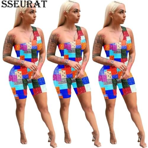 SSEURAT Women Playsuit Bandanna Paisley Print One Shoulder Sleeveless Strechy Bodycon Rompers One Piece Overalls Summer Outfits