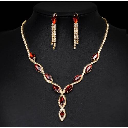 TREAZY Elegant Gold Color Bridal Jewelry Sets Rhinestone Crystal Leaf Tassel Necklace Earrings Women African Wedding Jewelry Set
