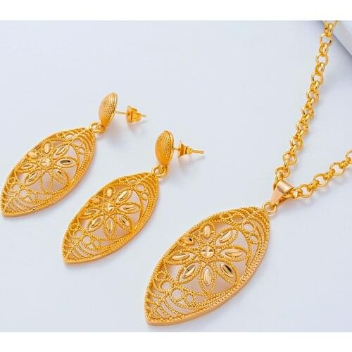Leaves Fashion Dubai Gold African Jewelry Sets Middle East Luxury Bridal Wedding Necklace Pendant Earrings Women Jewelry Gift