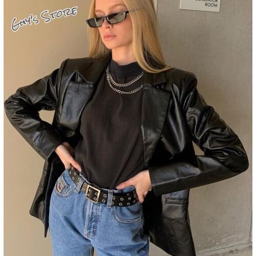Ladies man-made PU leather jacket, punk Harajuku black jacket for ladies, autumn long-sleeved blazer, lapel