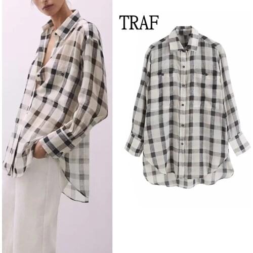 TRAF Za Womens Shirt 2021 Autumn Plaid Womens Oversize Shirt Woman Clothing Loose Long Sleeve Pocket Casual Women Blouses Top