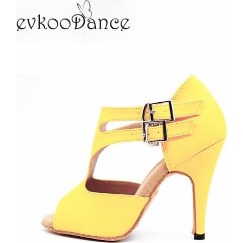 Evkoodance Size US12 Zapatos De Baile Latin dance shoes yellow pu 8.5cm heel Professional Women Ballroom Salsa Shoes Evkoo-602