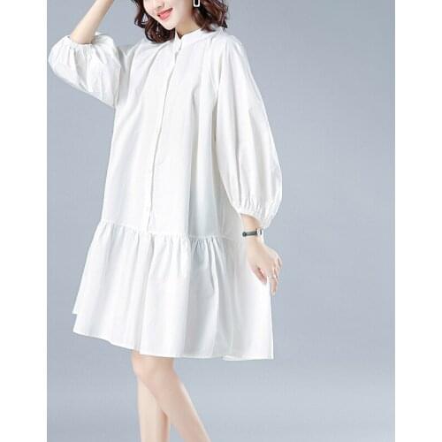 Oversized Solid White Women Dresses Lantern Sleeved Ruffles Knee-Length Lady Elegant Outwear Tops