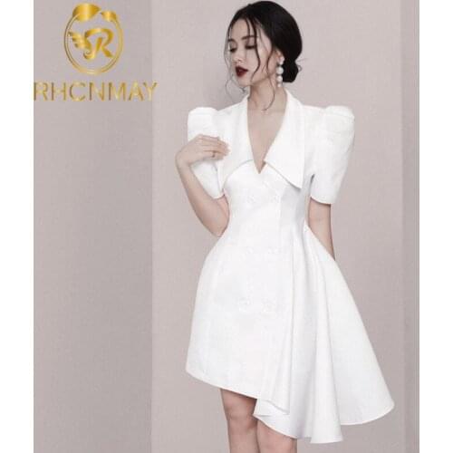 Woman Dress High Waist Slim Double Button Puff Sleeve Elegant Dresses Banquet Office Lady 2021 New Summer Fashion
