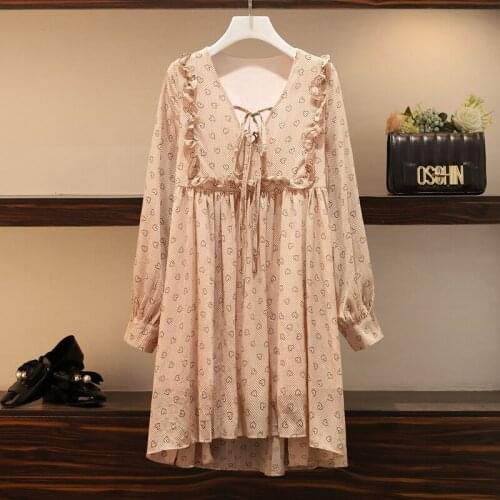 Plus Size Women Floral print chiffon Dress 2020 Bohemia Love Print O-neck Ruffle Long Sleeve Loose beach holiday Dress wholesale