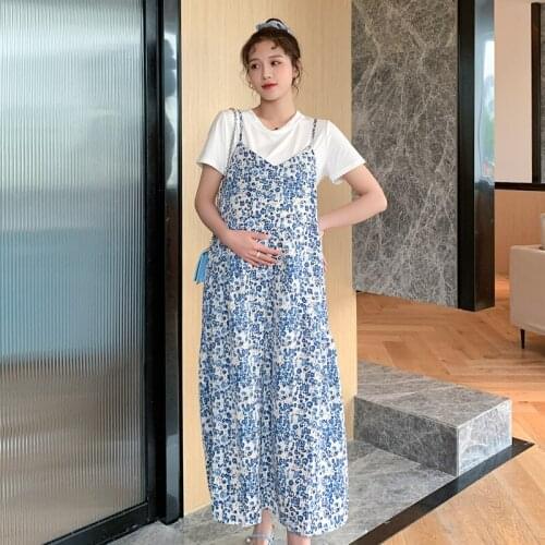 03023# Maternity Dress Summer Cotton Short Sleeves Loose Midi Dress Plus Size Pregnancy Dress Pregnant Women Suit