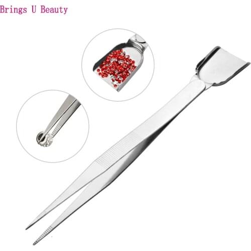 1 pcs 2 Way Rhinestone Tweezers and Mini Scoop + 3 pcs Sort Tray Pick Collect Divide Count package Jewelry Gemstone Nail Tools