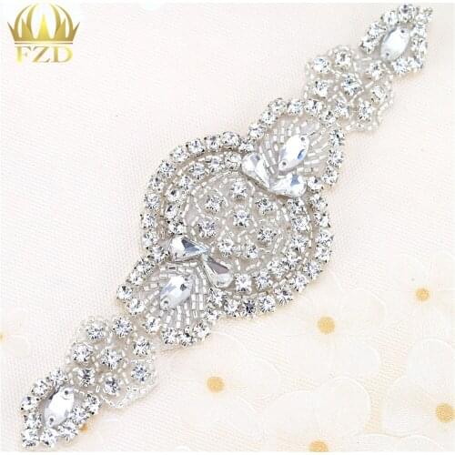 100 Pieces) Wholesale Handmade Hot Fix Sew On Beaded Bridal Sliver Rhinestone Applique Wedding Sash and Belt