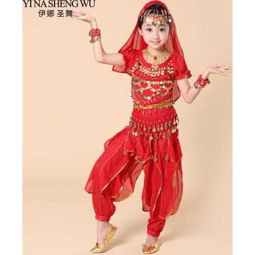 2018 children belly dance 5 pcs(top+pant+waist chain+bracelet+headdress) indian clothes girls belly dance bollywood costume H007