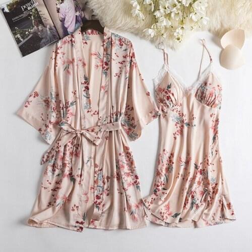 Sexy Lace Satin 2PCS Robe Sets Summer Floral Painted Kimono Gown Womens V-Neck Sleepwear With Belt Loose Knee-length Bathrobe