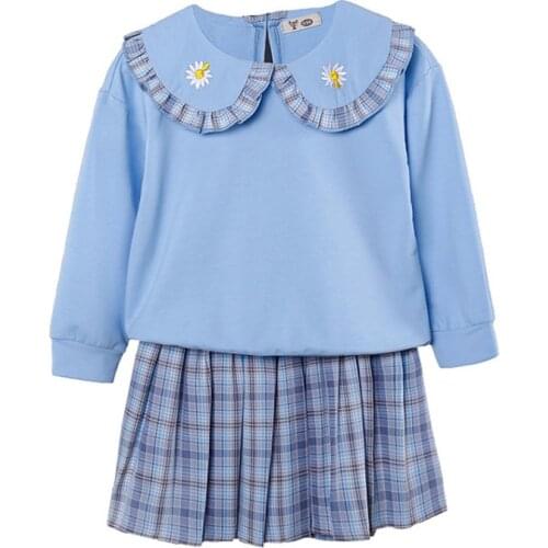 Girls Clothing Sets Baby Girls Clothes Kids Spring Autumn Casual Cotton Clothes Toddler Girl Flower Coat+Grid Skirt 2-8 Year