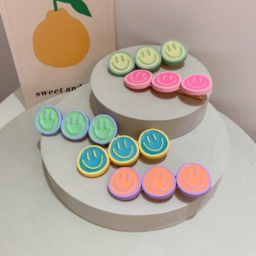 Korean Hair Accessories Sweet and Cute Girl Line Candy-colored Smiley Face Simple Bangs Clip Duckbill Word Clip Womens Hairpin