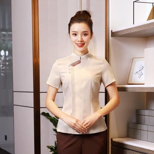 Restaurant Hotel Cleaning Short Sleeve Workwear Uniforms Housekeeping Food Service Women Traditional Waitress Jackets AS406
