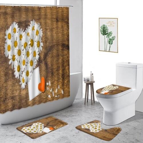 Love Flowers Wood Grain Shower Curtains White Tulip Yellow Sunflower Purple Lavender Bathroom Curtain Set Non-Slip Bath Mat Rug