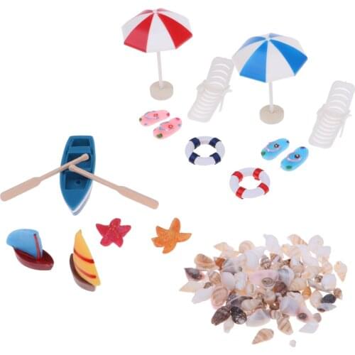 Miniature Deck Chair Beach Umbrella Boat Shell Set for Dollhouse Yard Garden Swimming Pool Kids Pretend Play Toy